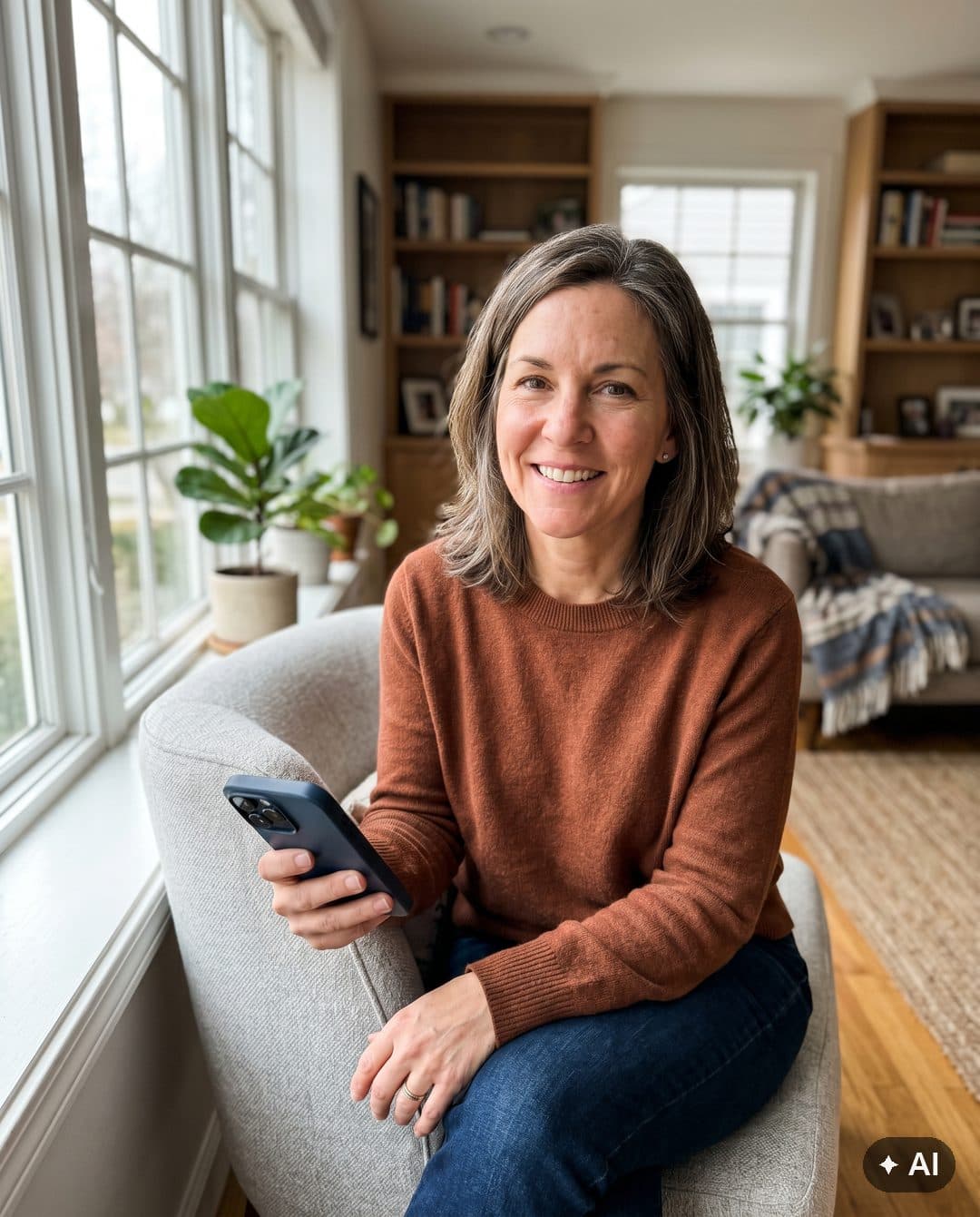 Vennlig kvinne i 50-årene sitter med mobilen i en lys stue og smiler