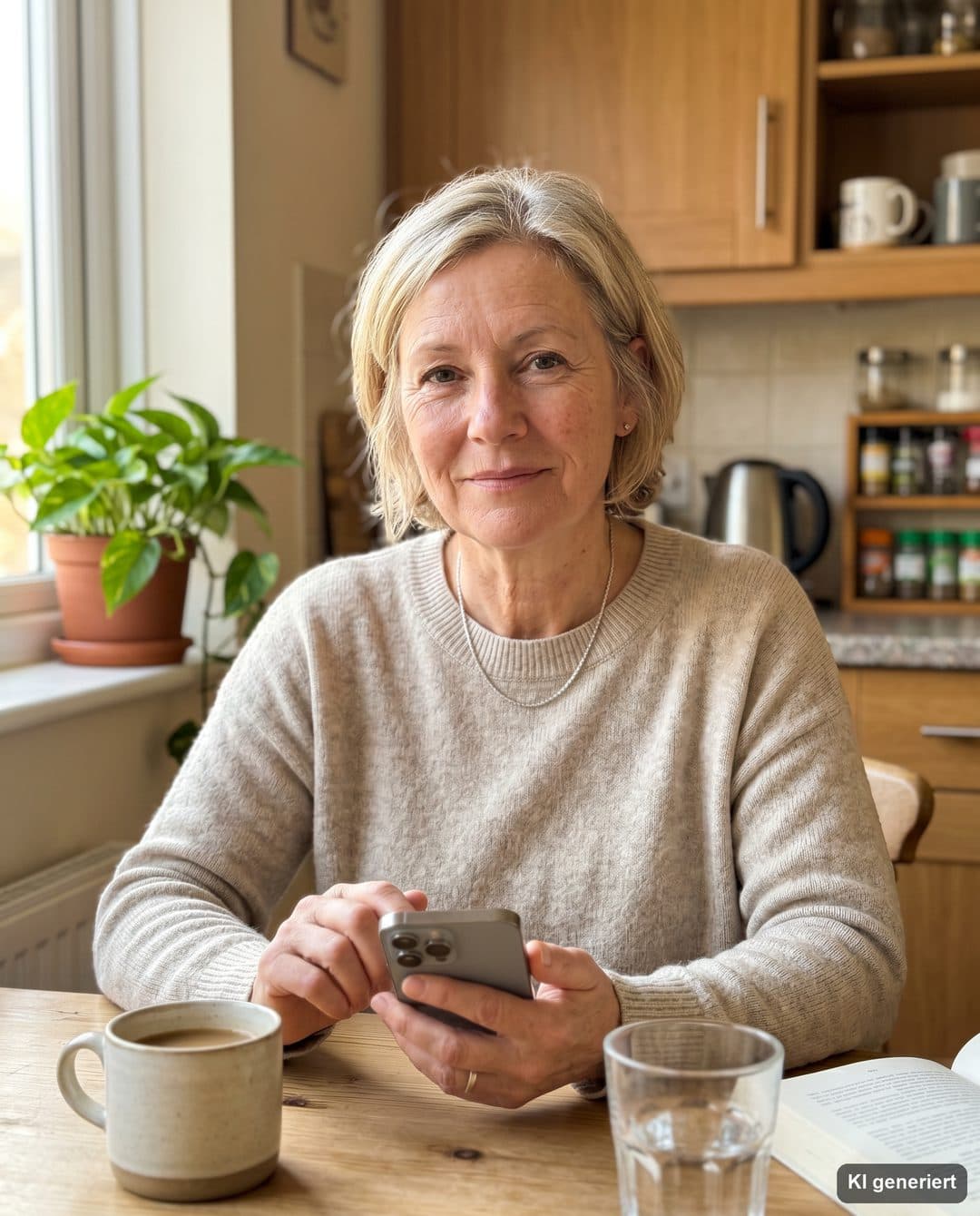 Frau Mitte 50 prüft am Küchentisch entspannt eine Nachricht auf ihrem Smartphone