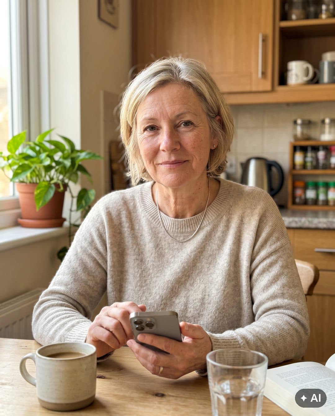 A woman in her 50s calmly looking at a message on her phone while sitting at her kitchen table