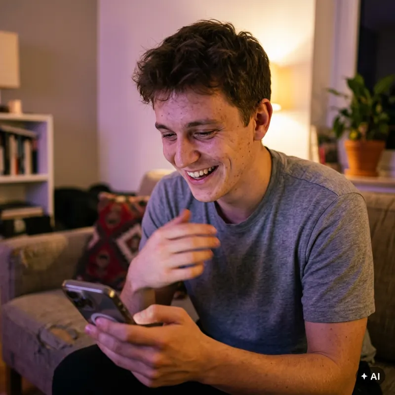 Junger Mann lacht über eine Nachricht auf seinem Handy