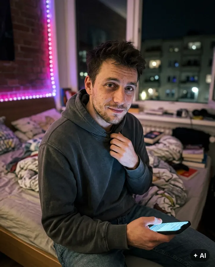 Junger Mann sitzt abends auf dem Bett und schaut auf sein Handy